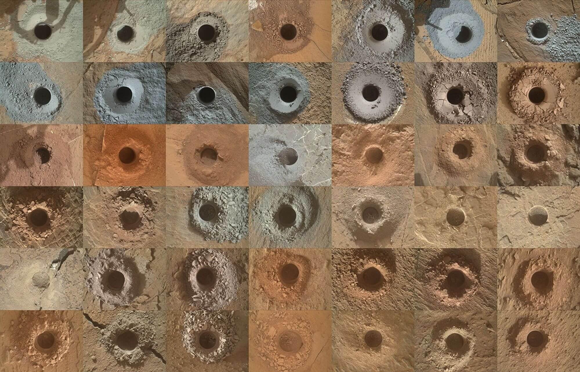 This collage from 2024 shows the 42 holes Curiosity’s drills had made up to that point. Credit: NASA/JPL-Caltech/MSSS