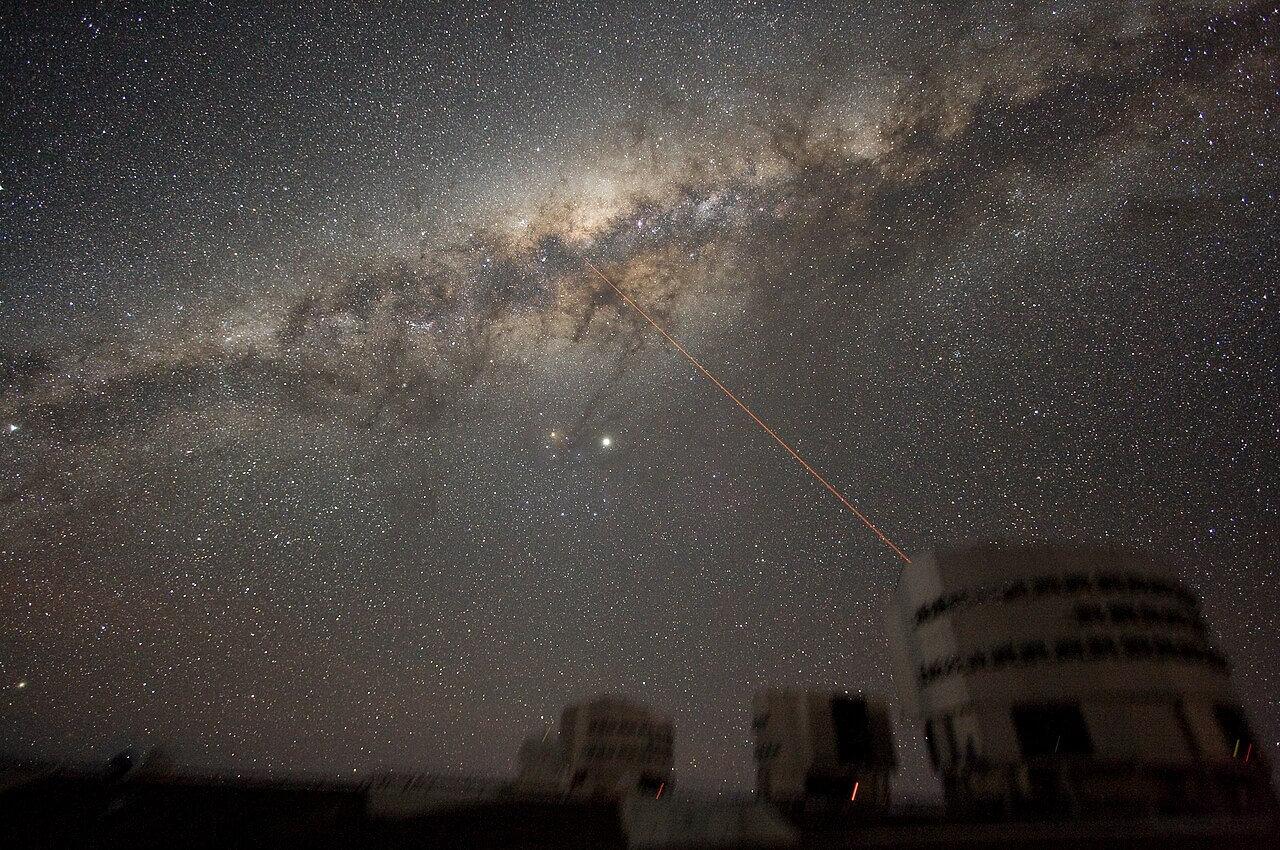 Modern observatories in Paranal, Chile, observing the Milky Way using laser-focused adaptive optics. Credit: ESO/Yuri Beletsky