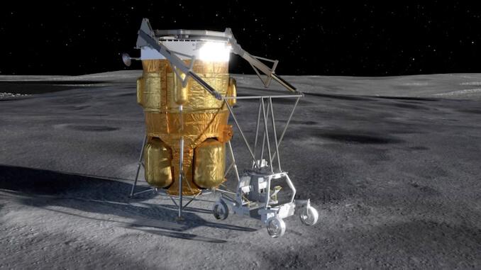 An artist’s rendition of Astrolab’s lunar terrain vehicle being deployed from a Blue Moon Mark 1. Credit: Astrolab