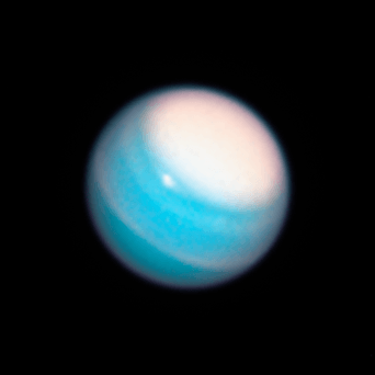 In 2018 Uranus was seen with an enormous cloud cap covering its northern polar regions (and a huge chunk of its northern hemisphere). Credit: NASA/ESA/A. Simon/M. H. Wong and A. Hsu