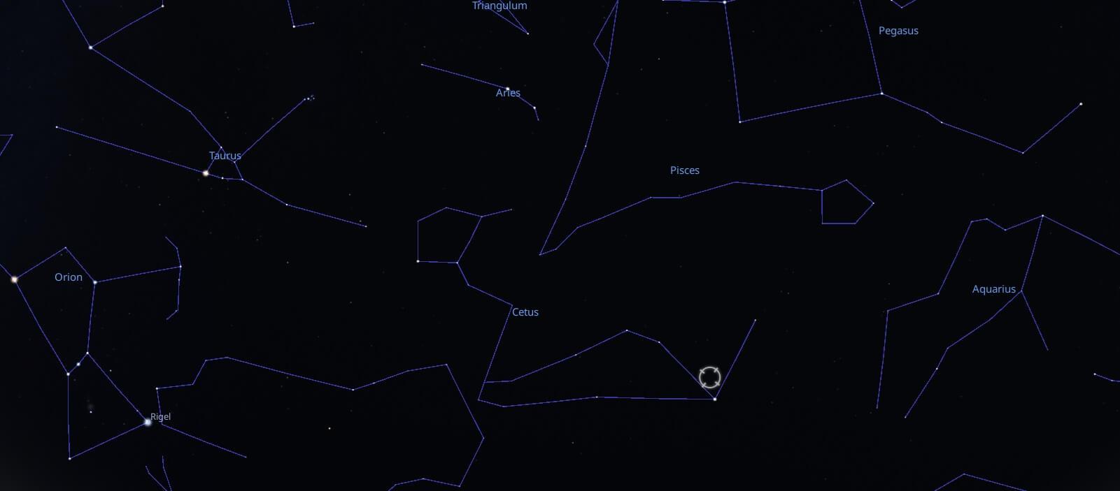 A dim, unassuming star in the fairly unremarkable winter constellation of Cetus could turn out to be one of the most important lights in the sky, at least when it comes to historic scientific discoveries. Credit: Stellarium