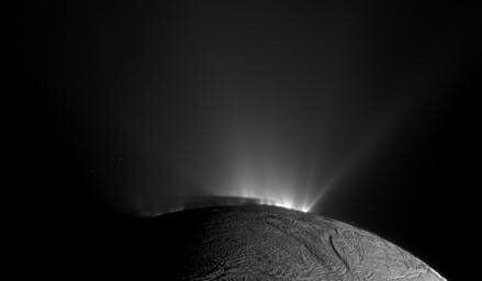 Enceladus shoots bits of its ocean out into space via enormous geysers. Credit: NASA/JPL-Caltech/Space Science Institute