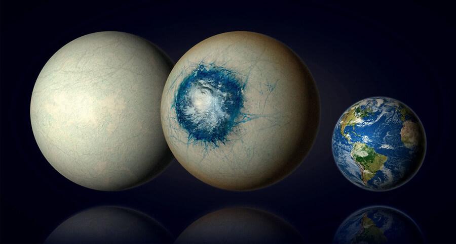 One possibility is that LHS 1140b’s sunward facing side harbors an enormous liquid water ocean otherwise surrounded by ice. Credit: B. Gougeon/Université de Montréal