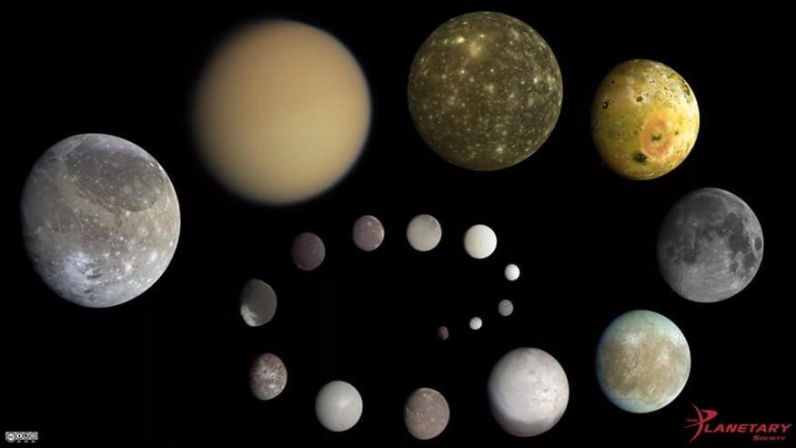 Moons of our solar system arranged by size. Our Moon is the fifth one in, preceded by (in order from the front) Ganymede, Titan, Callisto, and Io. Credit: Gari Arrillnaga/NASA/JPL/Ted Stryk/Gordon Ugarkovic/Emily Lakdawalla/Jason Perry