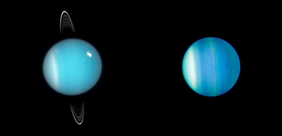 Uranus as viewed by the Hubble Telescope in 2005 (left) and again in 2006 (right). Credit: NASA/ESA/Mark Showalter/Lawrence Sromovsky/Patrick Fry/Heidi Hammel/Kathy Rages