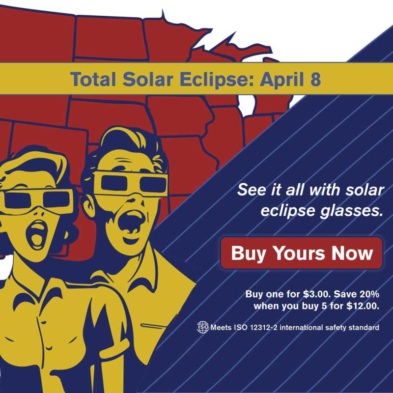 A retro looking ad for eclipse glasses, available at the Museum shop - both in person and online!