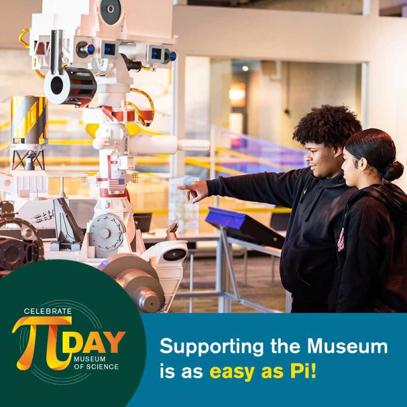 Two guests looking at the Mars rover. Text at the bottom reads "Supporting the Museum is as easy as Pi!"