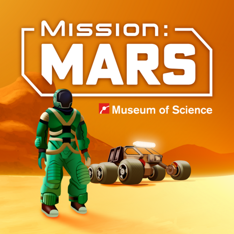 A player in a green spacesuit standing on Mars with a rover behind them.