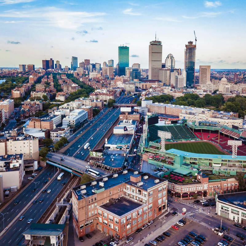 An overhead shot of the Fenway area of Boston.