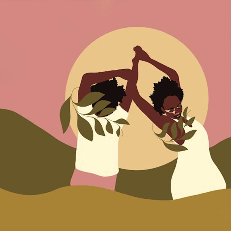The cover for the podcast A Beautiful Resistance - a graphic of two figures holding hands above their heads in front of a depiction of the sun.