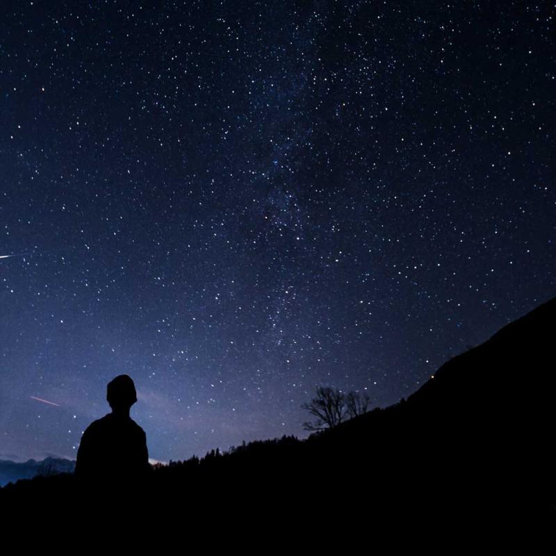 A figure standing in nature at night, looking up at a dark, starry, sky.