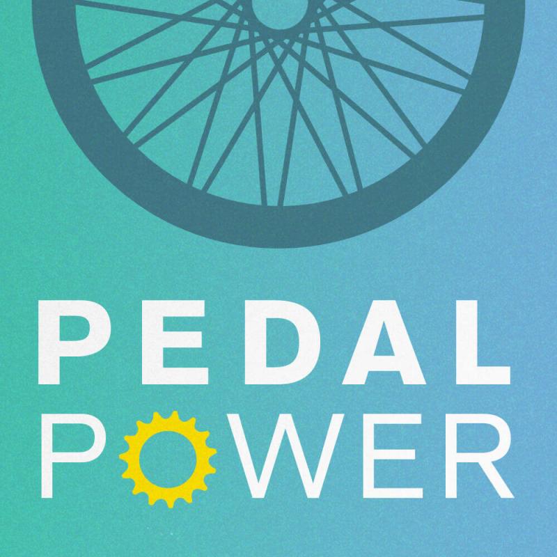 Pedal Power on a blue background with a bike wheel at the top.