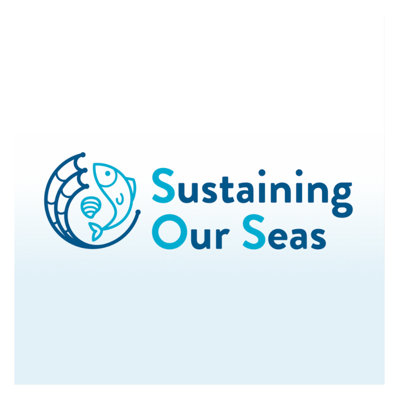 This is the logo for 'Sustaining our Seas', featuring a fish leaping from the ocean surface as an emblem.