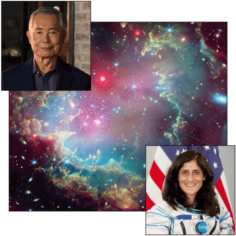 George Takei and astronaut Sunita Williams, with imagery of a nebula.