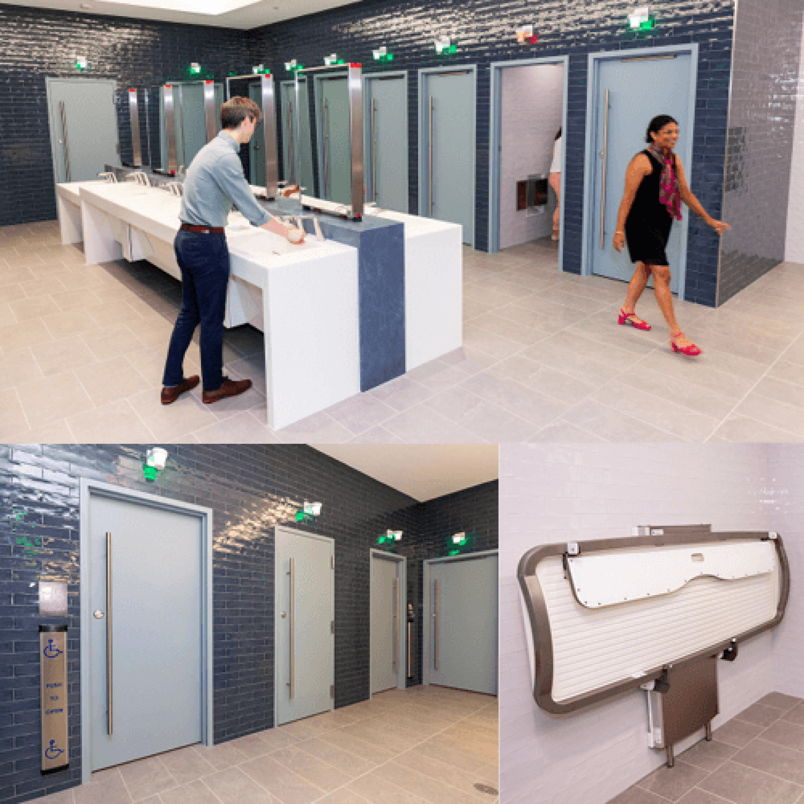 Three images of the Museum of Science bathrooms highlighting handicap accessible stalls with wide doors and access button, gender neutral, single stall restroom, and changing table for caregivers.
