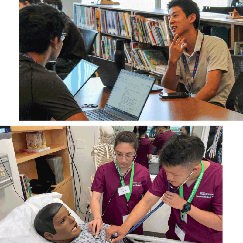 Top: two highschool students in the Museum's Educator Resource Library. Bottom: Two students practicing on a medical dummy.