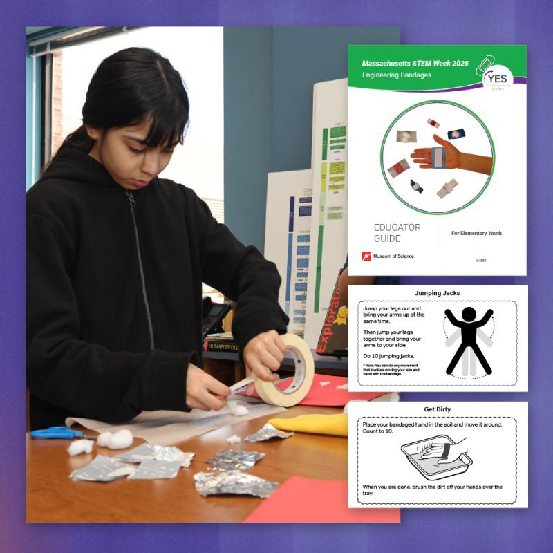 Tot he left: a young student participating in the Engineering Bandages unit. Right: Pages from the Engineering Bandages teacher guide.