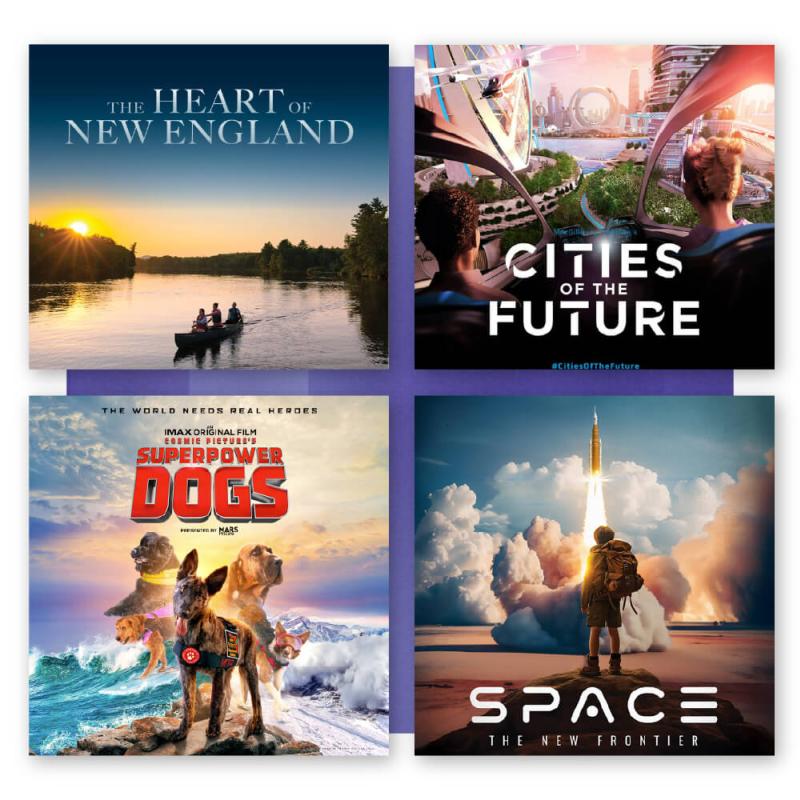 Four film posters showing Heart of New England, Cities of the Future, Superpower Dogs, and Space: The New Frontier