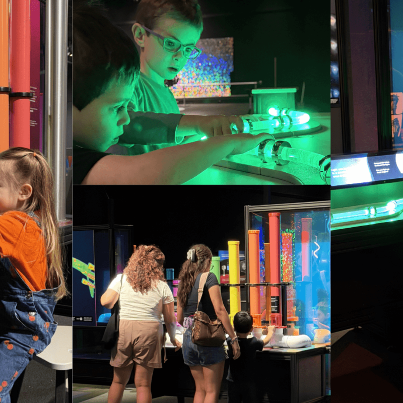 A collage of photos with guests of various ages interacting with the bright and colorful exhibit components in Making Waves.